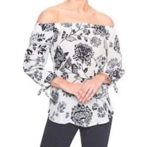 Banana Republic Factory Navy Floral Off-Shoulder Blouse Size S Button Top - EUC